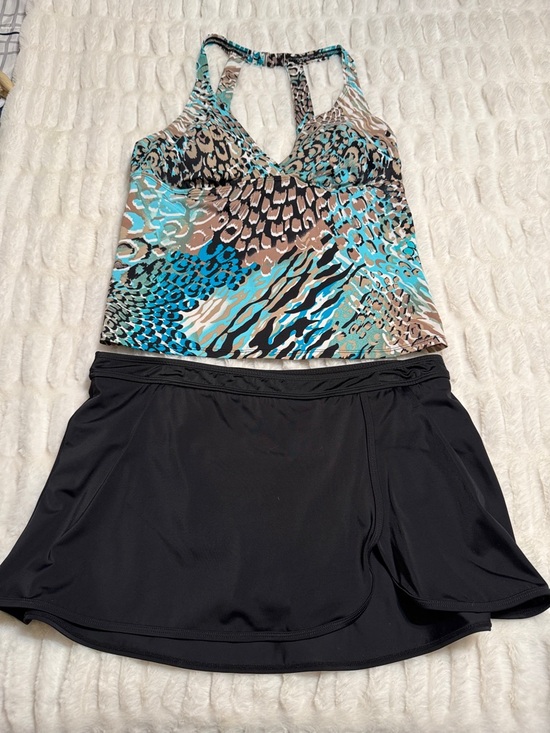 Jantzen Classics Other - Women’s Black Swim Skirt with Turquoise Animal-Print Tankini Top